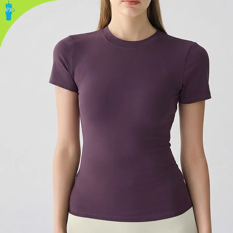 New Breathable Spandex/Nylon Solid Simple Yoga Short-sleeve Womens Slim-fit Sports T-shirt for Running Pilates Workout Top