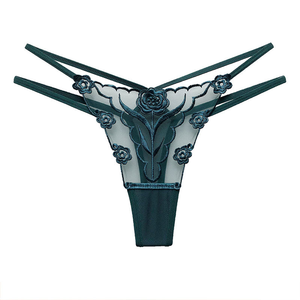 Women Floral Embroidered <b>Thong</b> Panties Low-Rise <b>Seamless</b> Ultra-Thin Nylon Spandex Sexy Underwear - Product Image 1