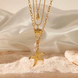 Mode trois couches station balnéaire perle étoile de mer pendentif Niche design vintage coquille coquille collier en acier inoxydable pour les femmes - Product Image 3