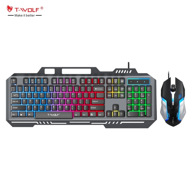 T-W0LF TF600 Metal Panel Illuminated Keyboard Mouse Set 104 Keys Gaming Keyboard Gaming Mouse Mechanical Feeling Keyboard Combos