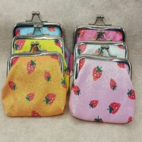 Nouveau 3 pouces paillettes fraise imprimé cuir porte-monnaie petit fermoir paillettes court portefeuilles étudiant rouge à lèvres stockage enfants pochette