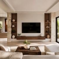 Console TV moderne haut de gamme avec piliers latéraux en pierre et armoire flottante à accent LED pour appartement, villa, hôtel, suite, salon