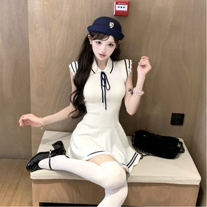 Preppy-Style Lapel Collar, Cap Sleeves, Knitted Lace-Up Dress, Summer New Arrival, First-Love Look, Waist-Cinching Slimming - Product Image 3