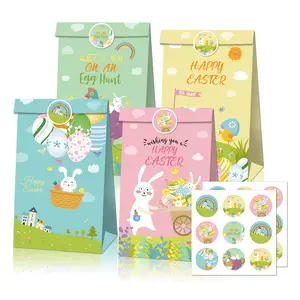 12pcs可爱兔子快乐复活节糖果食品饼干包装纸袋复活节纸袋兔子鸡蛋糖果礼品袋带贴纸