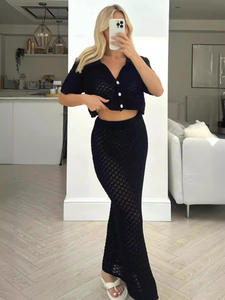 Conjunto de Top Corto de <span class=keywords><strong>Manga</strong></span> Media Tejido y Falda Lápiz Ajustada de Color Liso, Estilo Sexy y de Club <span class=keywords><strong>para</strong></span> Mujer Europea y Americana - Product Image 5