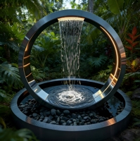 Sculpture de fontaine circulaire abstraite en acier inoxydable, moderne, de luxe, soudée sur mesure, pour extérieur commercial