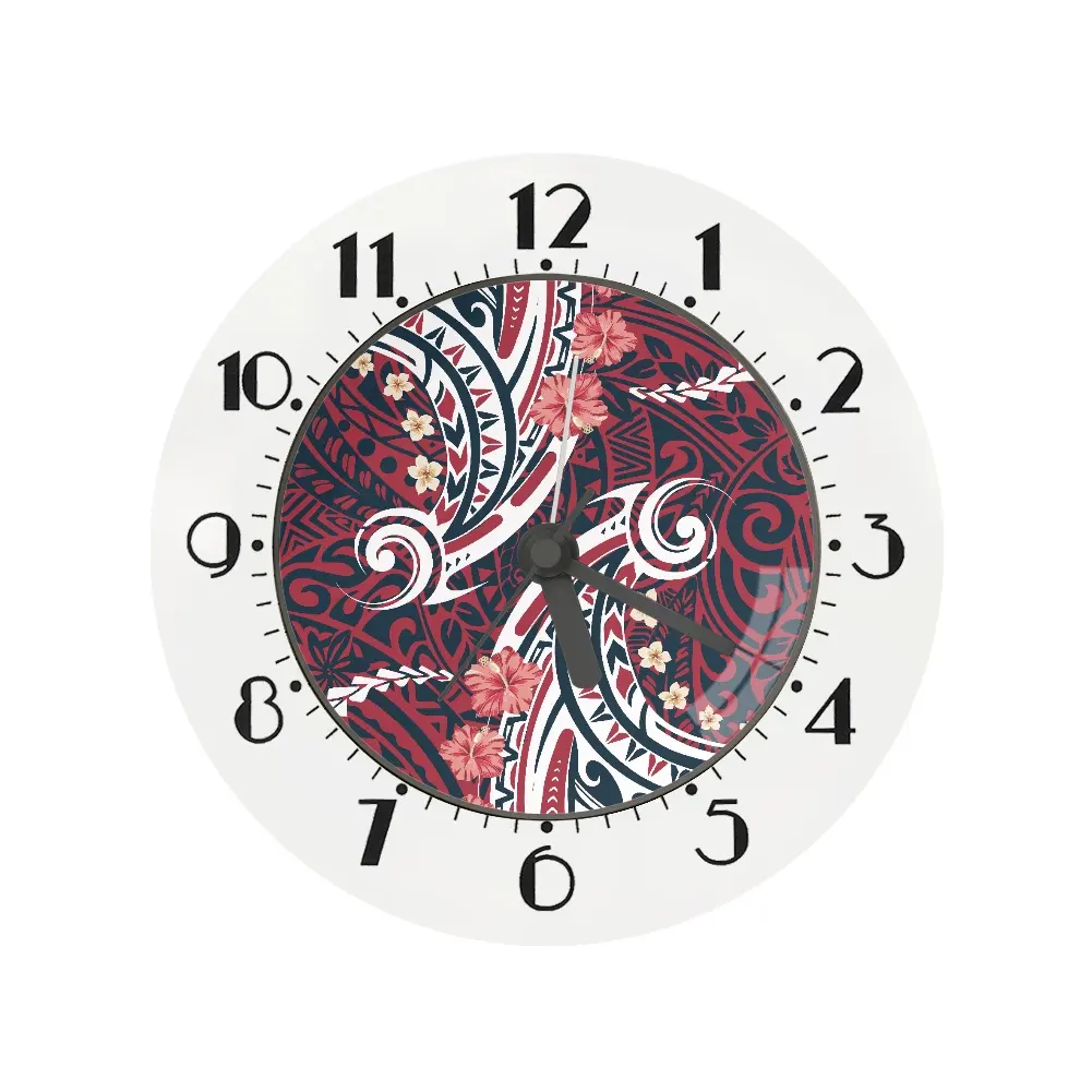 2022 Neueste Home Decor Schreibtisch uhr Polynesi scher Stil Hawaiian Hibiscus Print Runde Wanduhr Benutzer definierte Sublimation Weiße Tisch uhr