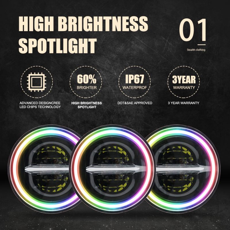 Universal RGB Changeable Angel Ring Motor Auto DRL Projector Round 7 inch RGB Motorcycle LED Headlight For JK JL TJ