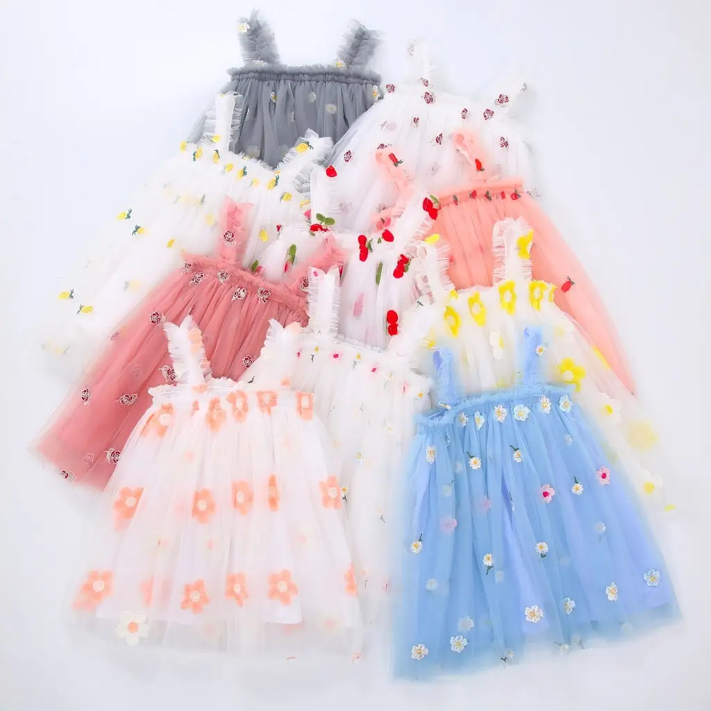 Yeni varış kız elbise bebek kız papatya çiçek baskı askı tül mesh nakış prenses çiçek kız çocuk elbiseleri toptan