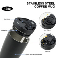 Tasse à café isotherme à double paroi 12 oz en acier inoxydable 304, gobelet sous vide avec couvercle à paille dissimulée et double mode de consommation, mug de voyage