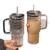 Grand gobelet isotherme en verre avec poignée et couvercle à paille, réutilisable, moderne et minimaliste, pour café glacé, idéal pour la maison et le bureau