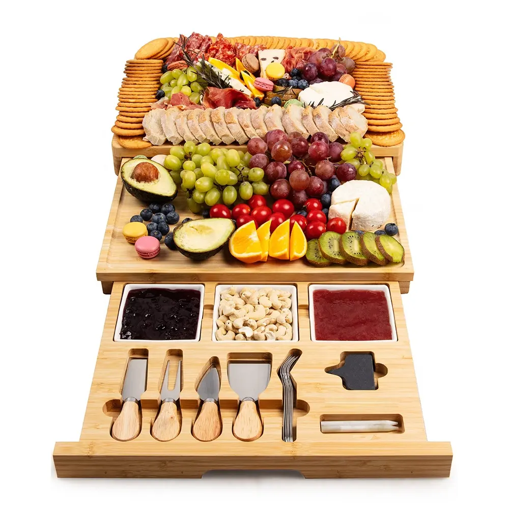 Hot selling bamboo cheese board and knife set cheese plate tray charcuterie board square bamboo cheese board with drawers
