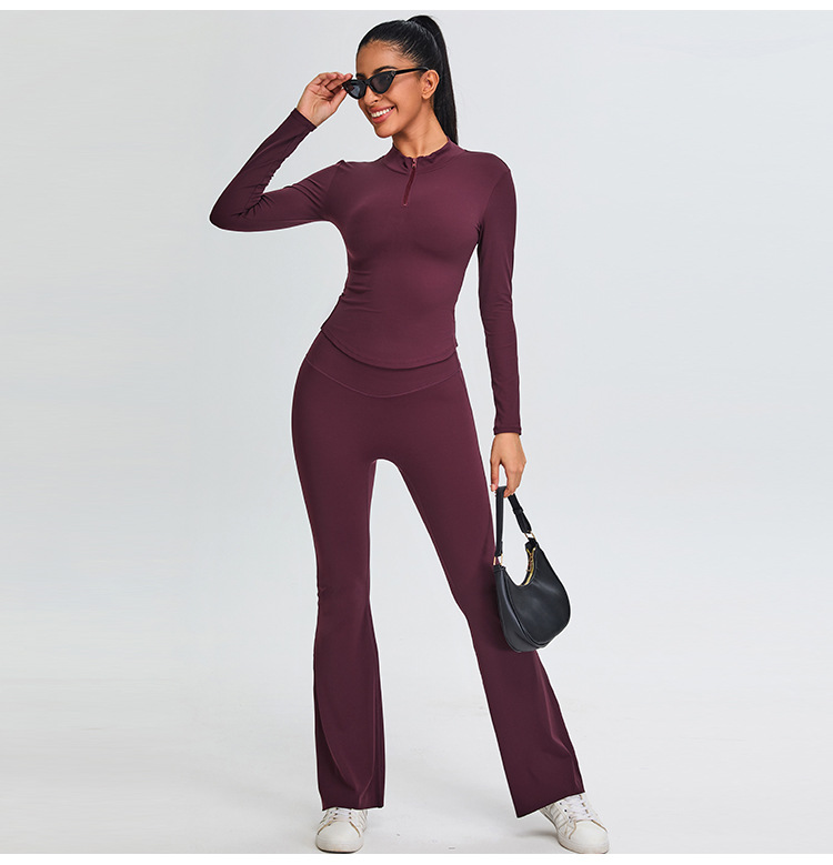 Wholesale Solid Front High Waist Flare Pants and Long Sleeve Yoga Set Quick Drying Tight Fitness Active Stretch 2-Piece Set