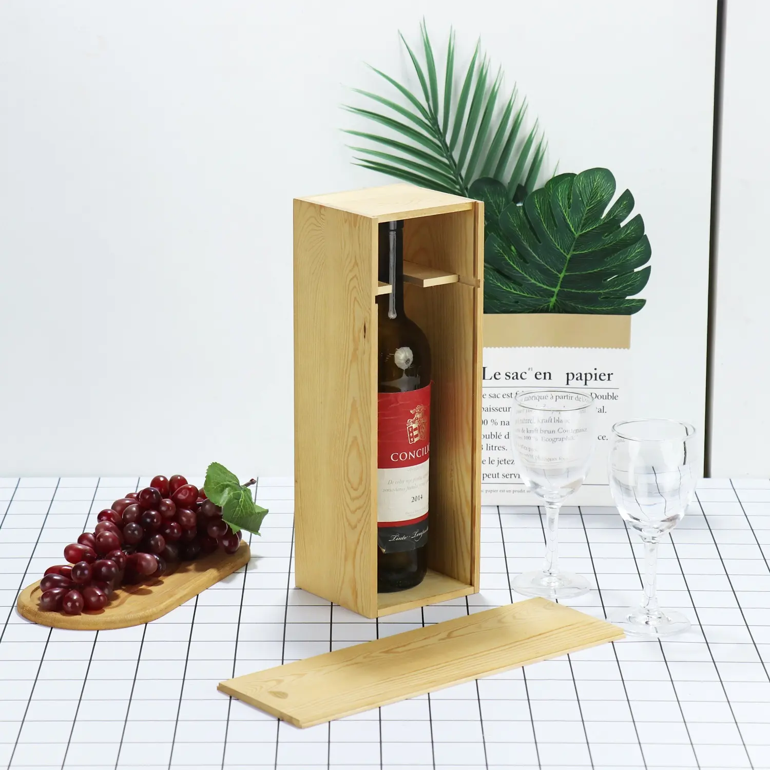 Caja de vino decorativa de madera de una sola botella con tapa Cajas de vino de madera con asas para manualidades DIY