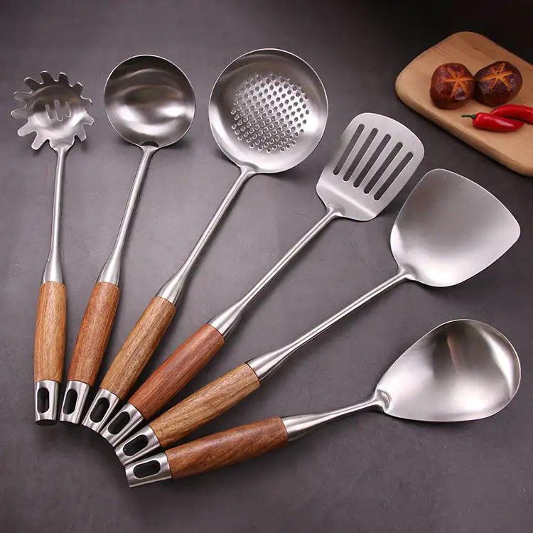 Manche en bois Ustensiles Ensemble d'outils de cuisine en acier inoxydable Accessoires de cuisine chinois Outils