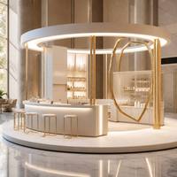 Kiosque de beauté personnalisé haut de gamme, stand d'exposition cosmétique circulaire avec vitrine en verre, comptoir de réception pour la vente au détail dans les centres commerciaux