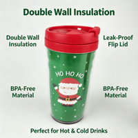 Mug de voyage isotherme à double paroi Père Noël 250 ml/8 oz HO HO HO Gobelet réutilisable en plastique avec couvercle rabattable pour les fêtes