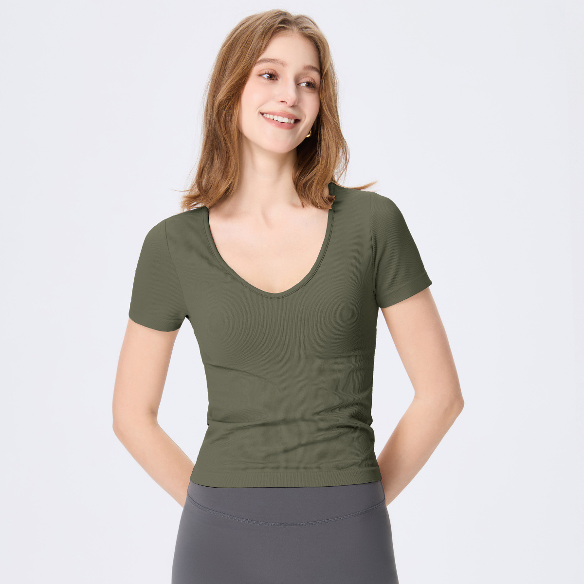 Fixed-cup Sports Short-sleeved T-shirt Women's High Elasticity Running Fitness Top Tight Elastic Yoga Wear U-neck Short Sleeves