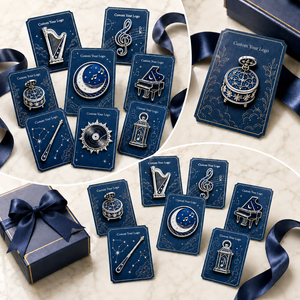 Badges de revers en métal émaillé dur personnalisés, plaqués or, motifs Musique Céleste, Harpe, Piano, Lune, Disque - Product Image 3