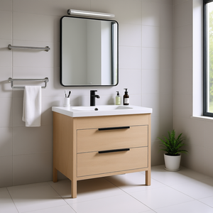 Mueble de Baño Flotante de 30 Pulgadas con Acabado en Roble Claro, Lavabo de Cerámica Blanco, Cajones con Cierre Suave, Espejo Incluido, Diseño Moderno - Product Image 2