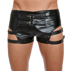 Pantalones cortos de hombre de piel sintética PU con diseño de arnés de doble hebilla y tiras, estilo bóxer con recortes, ajustados de tiro bajo, para fiesta en discoteca - Product Image 5