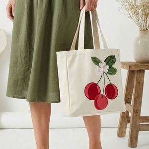 New Solid Color <b>Canvas</b> <b>Tote</b> Bag Beaded Embroidery Cherry Pattern Large Capacity Exposure Closure Winter 2025 Daily Use for - Product Image 1