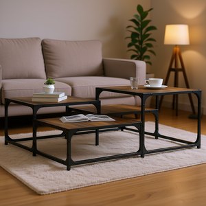 Coffee <b>Table</b> Smoked Oak Engineered Wood Metal Frame <b>Nesting</b> Modern Living Room Furniture Home Use - Product Image 2