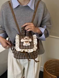 <span class=keywords><strong>Mochila</strong></span> con lazo para niña coreana a la moda, Mini bolso de encaje universitario refrescante a cuadros antiguos, logotipo de cadena impermeable de poliéster PU - Product Image 2