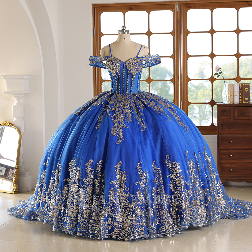 royal blue and gold quince dress TRHTX Princess Velvet Black Quinceanera Dresses with Cape Sparkly Quality Materials Royal Blue Gold 3D Floral