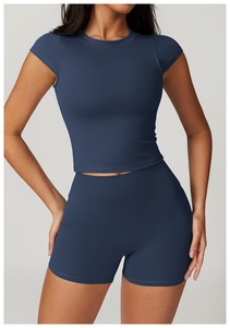 Logo personnalisé femmes décontracté respirant Gym Yoga T-shirt couleur unie <span class=keywords><strong>Femme</strong></span> course haut court séchage rapide <span class=keywords><strong>Fitness</strong></span> hauts - Product Image 3