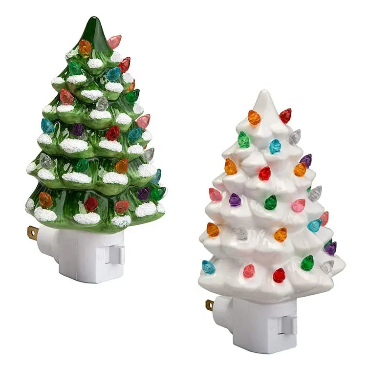 Fox Valley Traders Green and White Ceramic Tree Night Lights Set of 2 Green Snow-Capped Ceramic Tree Night Light