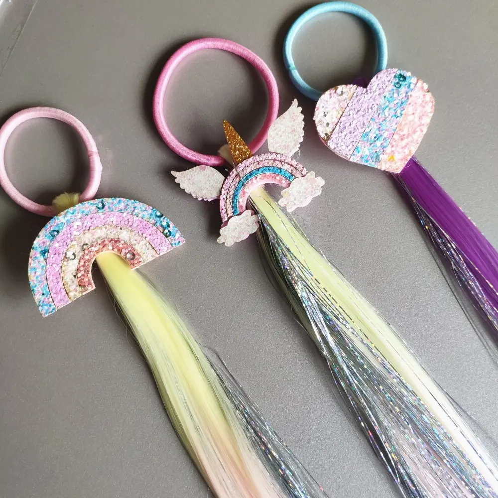 KPT004D Manufacturer Wholesale Cute Colorful Kids Wig Rubber Band Lovely Cartoon Unicorn Decoration Baby Girl Hair Accessories