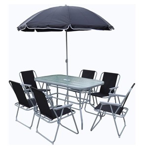 Juego de Muebles de Jardín Daxuan, Silla de Acero <span class=keywords><strong>y</strong></span> <span class=keywords><strong>Mesa</strong></span> Cuadrada de Cinco Piezas con Sombrilla, <span class=keywords><strong>Sillas</strong></span> Plegables Estilo Cafetería - Product Image 1