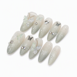 Faux ongles autocollants œil de chat vert, papillon, strass, perles, stiletto, couverture complète, 10 pièces pour doigts - Product Image 2