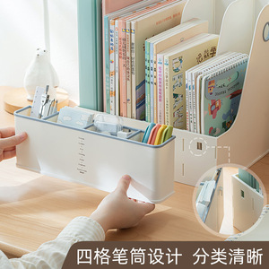 Book Storage Box With Dividers White Blue Student Desk Organizer Stationery Holder Shelf For Office And Home Use - Product Image 5