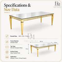 Table de réception rectangulaire de luxe en acier inoxydable avec plateau miroir, cadre à triple rail et pieds coniques – Vente en gros