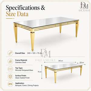Mesa de Eventos Rectangular de Lujo con Cubierta de Espejo de Acero Inoxidable, Estructura de Triple Riel y Patas Cónicas, Venta al Por Mayor - Product Image 2
