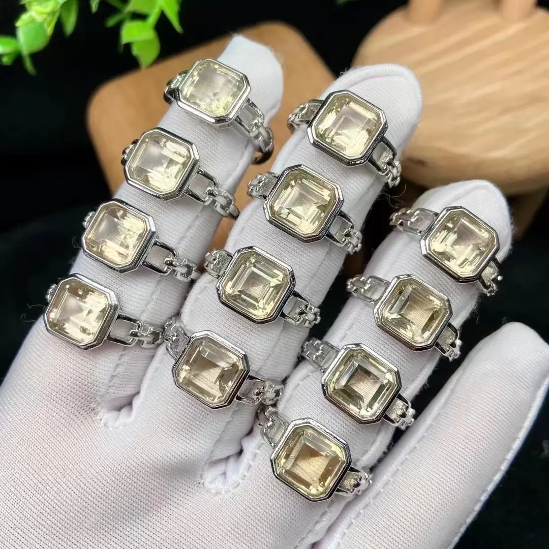 100% Natural Stone Square Citrine Ring For Women Charm Silver Finger Adjustable Rings Gemstone Jewelry