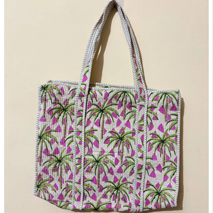 กระเป๋าโท้ทผ้าฝ้ายลายต้นไม้สีเขียวแบบเย็บติดกัน ชุดกระเป๋า 3 ใบ ทำมือ พร้อมช่องใส่ของ  กระเป๋าสะพายข้าง ราคาขายส่ง - Product Image 1