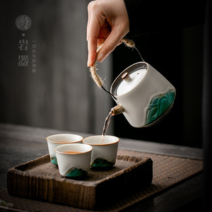 Théière en céramique Shangyan Qingshan, forme irrégulière en porcelaine avec couvercle, poignée en corde de chanvre, ensemble de thé Kung Fu pour la maison et le bureau - Product Image 3