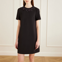 Gaun Kerja Wanita Elegan Model Lurus Kerah Bordir Hitam Solid Custom OEM, Lengan Pendek, Mini Dress untuk Acara Formal dan Sehari-hari