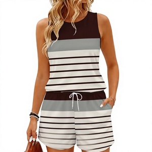 Women Striped Sleeveless Top Shorts Set O-Neck Halter Knitted Regular Fit Casual Spring Summer Wear Knee Breathable 2 Piece - Product Image 5
