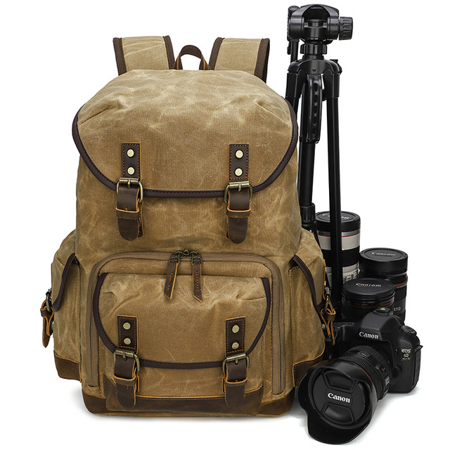 Vintage Men's DSLR Mirrorless Camera Backpack with Zipper Closure Waterproof Laptop Bag Polyester Lining Inner Storage