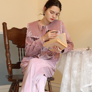 <span class=keywords><strong>Pigiama</strong></span> autunnale in <span class=keywords><strong>pile</strong></span> di visone caldo da donna abbigliamento da notte ricamato francese a tinta unita con chiusura elastica per vita termica - Product Image 6