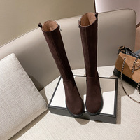 Bottes d'équitation d'hiver pour femme en cuir véritable, à bout rond, montantes, avec fermeture éclair, talon compensé et boucle décorative