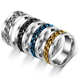 2021厂家热卖定制钛钢男士戒指饰品套装可旋转链条不锈钢女士戒指批发