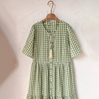 Robe longue décontractée à manches courtes pour femmes, grande taille, à carreaux vert et blanc, idéale pour le quotidien, les trajets, les vacances et les rendez-vous