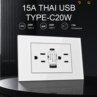 Prise murale standard américaine en verre trempé blanc, 5 prises, 10A, prise USB Type-C à charge rapide, interrupteur lumineux, 118x73mm