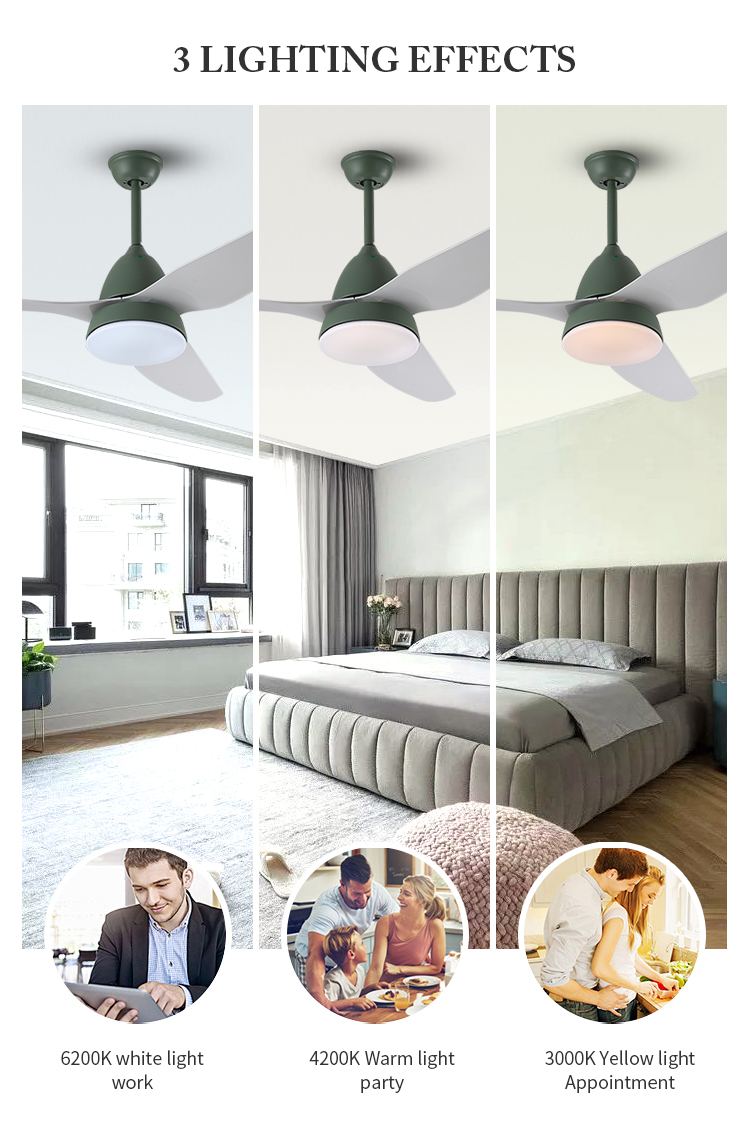 Remote control in stock ABS material 3 blades natural wind tricolor ceiling fan led light