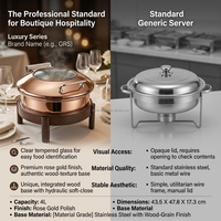 Plat à chafing rond de luxe en or rose avec pieds en bois, couvercle en verre, chauffe-plats en acier inoxydable pour banquets et événements